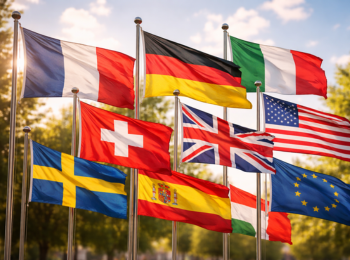 Flaggen verschiedener Länder wehen im Wind