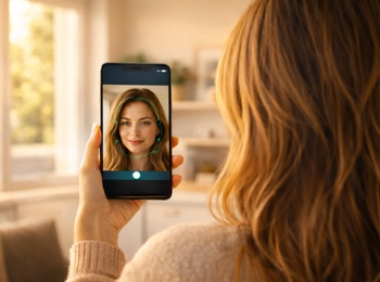 Frau führt Video Identverfahren am Handy durch