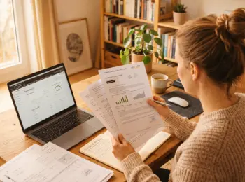 Frau am Schreibtisch prüft Dokumente