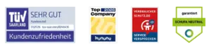 4 Siegel: TüV Saarland Siegel TüV Saarland 2026 Kundenurteil Sehr Gut, Kununu Top Company 2026, Verbraucherschutz.de Serviceversprechen, Garantiert Schufa-Neutral